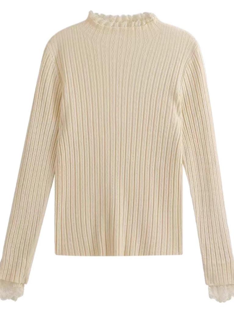 Plus Size Lace Trim Knitted Sweater - Women's Autumn/Winter Slim Fit, Semi High Neck, Long Sleeve Top