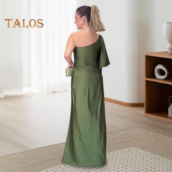 Lady Evening Dress One Shoulder Single Open Sleeve Split Hem Solid Color Slim Waist Pleated Knot Decor Solid Color Prom Cocktail Party Maxi Dress