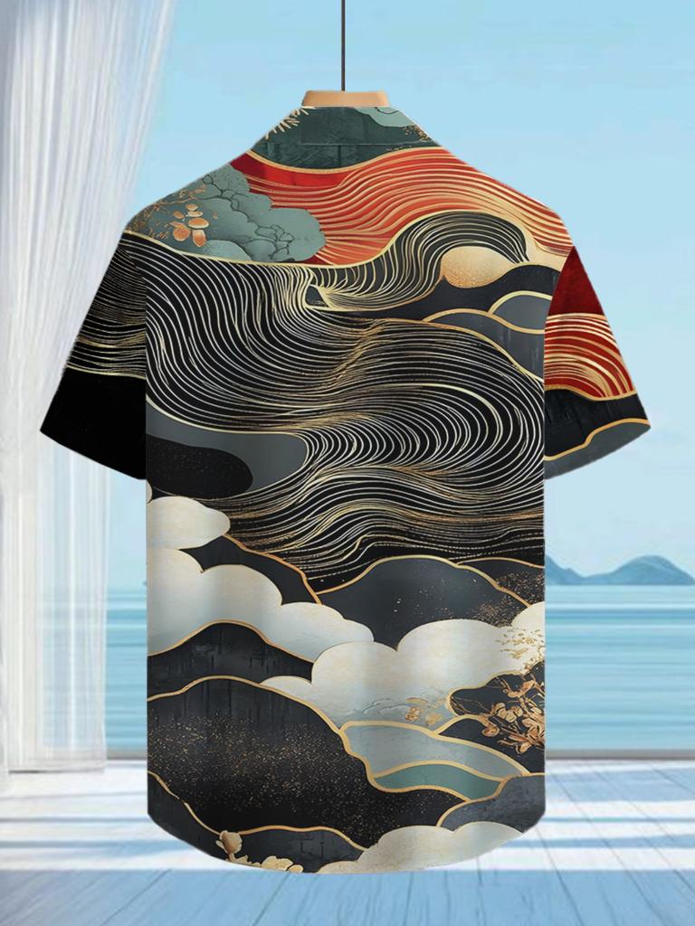 Hawaiian Tropical Cloud Pattern Fun Print Men'S Casual Shirt - Short Sleeve Button Design, Suitable for Outdoor And Casual Wear in Summer, Perfect for