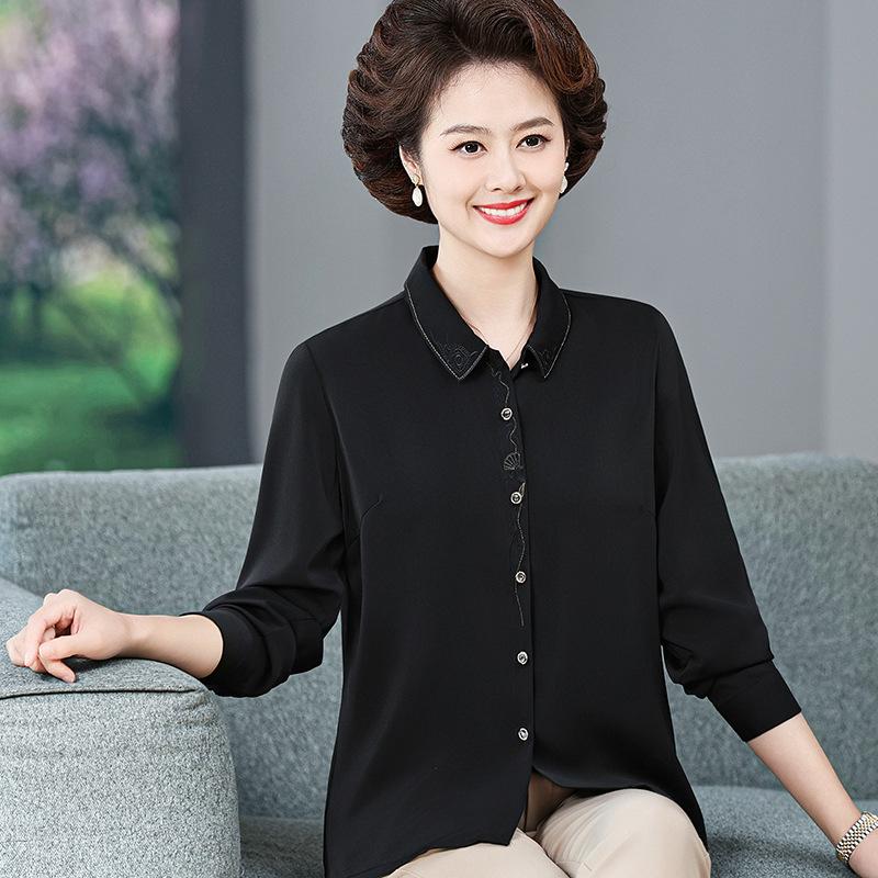 

Mother s Mulberry Silk Blouse - Mid-age Women s Lapel Top for Spring, Summer, and Autumn 4XL (recommended 67.5-75 kg) чёрный