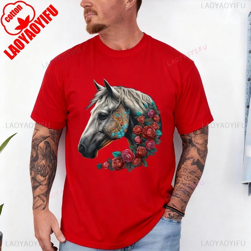 Horse Mandala Flower Animal Motif Horse Cotton TShirt Men and Women Crew Neck Short Sleeve Soft Casual Outdoors Fashion Tees