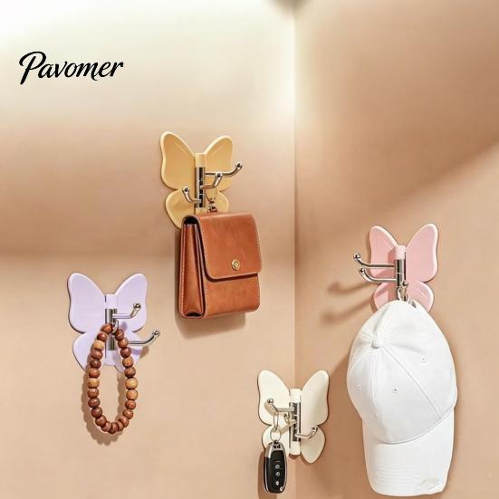 Polished Wood Adhesive Hook 4PCS Butterfly Rotating Hook, with 3 Swivel No Drill Peel And Stick Hooks Wall Space Saving for Bathroom Kitchen