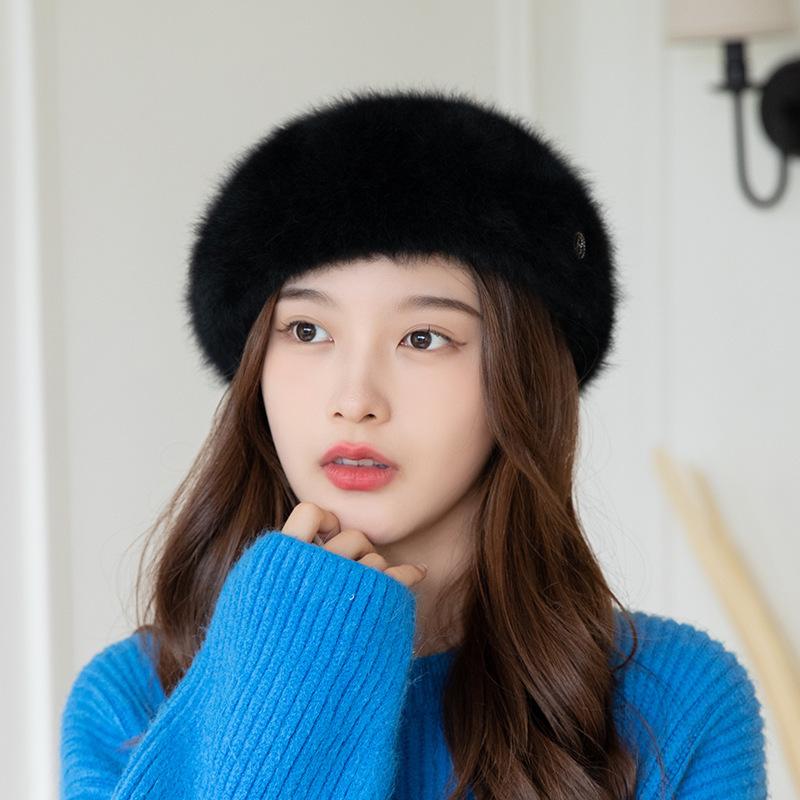 

Осень и зима новый женский повседневный берет из кроличьего меха Анжела, милая однотонная легкая доска, шляпа-гриб One size чёрный