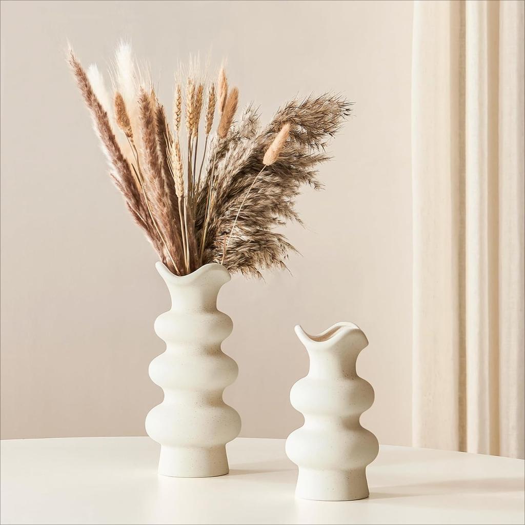 2pcs Modern Decorative White Ceramic Vases for Home Decor, Abstract Minimalist Vase for Pampas Grass, Boho Flower Vase, Aesthetic Cream Vase