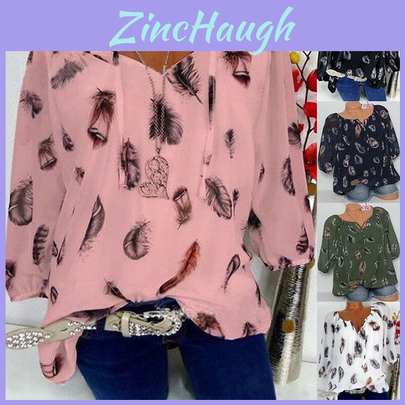 Boho Women V Neck Feather Print Tops In Soft Comfortable Fabric For Casual Outings