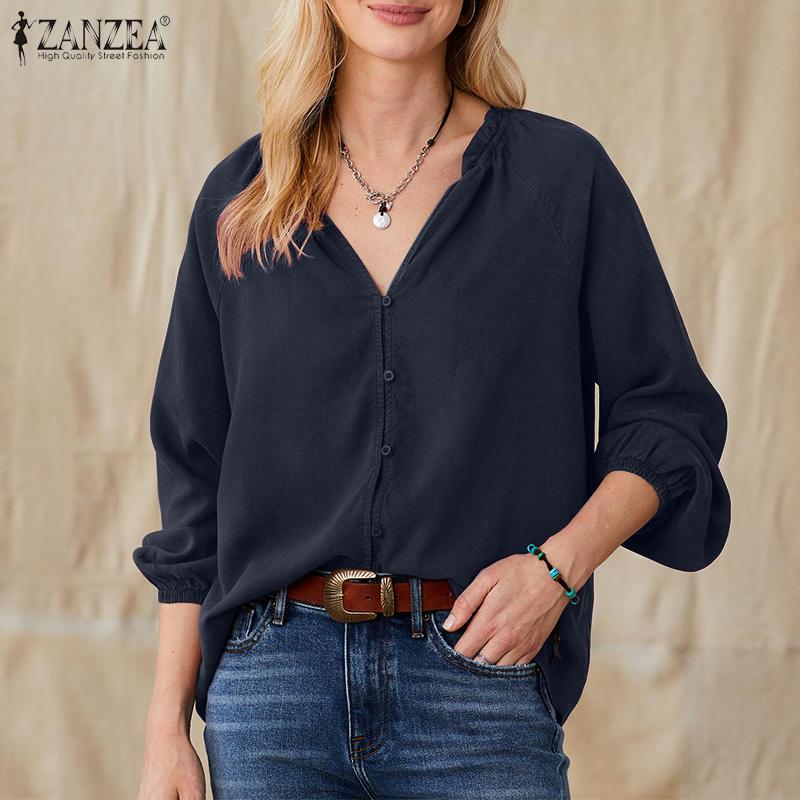 

ZANZEA Женская однотонная повседневная блузка с V-образным вырезом и длинным рукавом