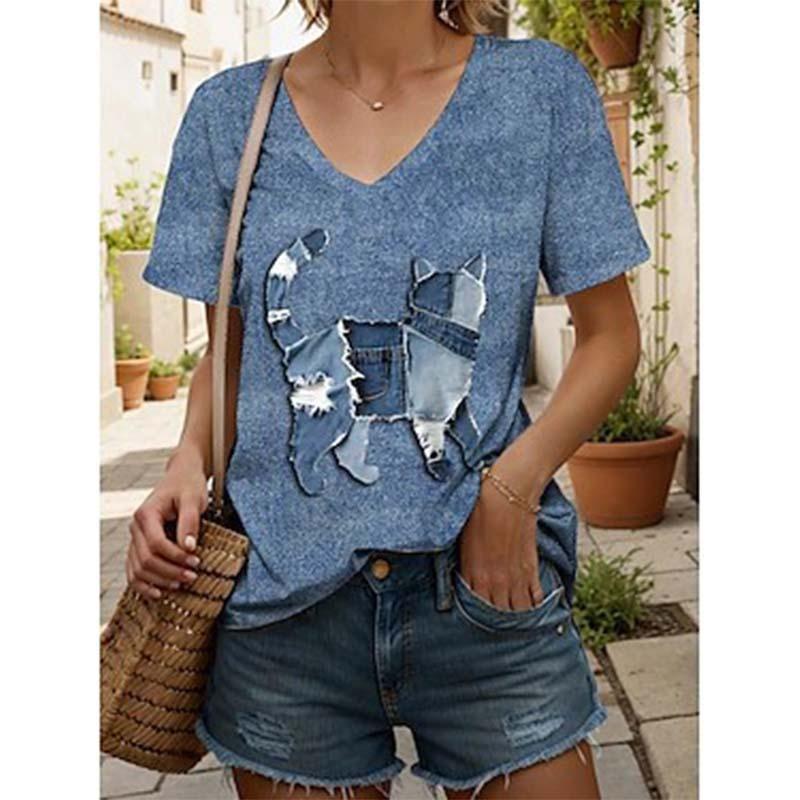 New Colorful Plaid Patchwork 3D Print T-Shirts Women's V-Neck Short Sleeve T Shirt Y2k Harajuku Tees Casual Tops Female Clothing