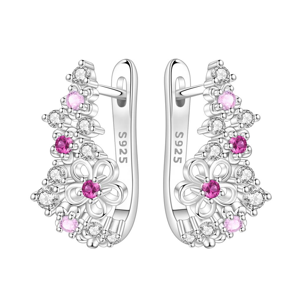 Original NEW S925 Silver Pink Purple Flowers Plants leaf Series Earring Hoop Earrings Women Jewelry Party Gifts
