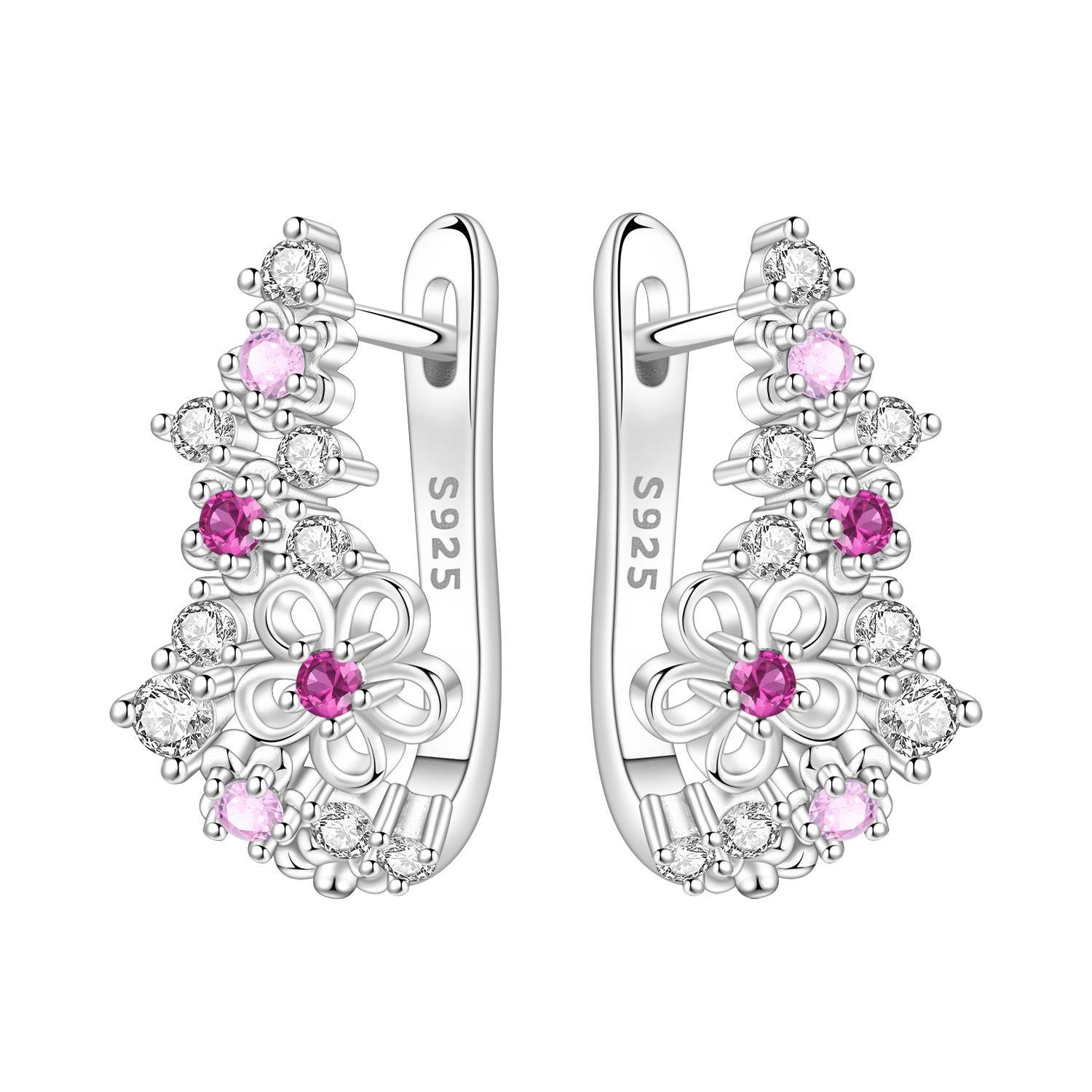 

S925 Sterling Silver Pink Zircon Flower Earrings Hoop Earrings Women Jewelry Original Trendy Anniversary Gifts