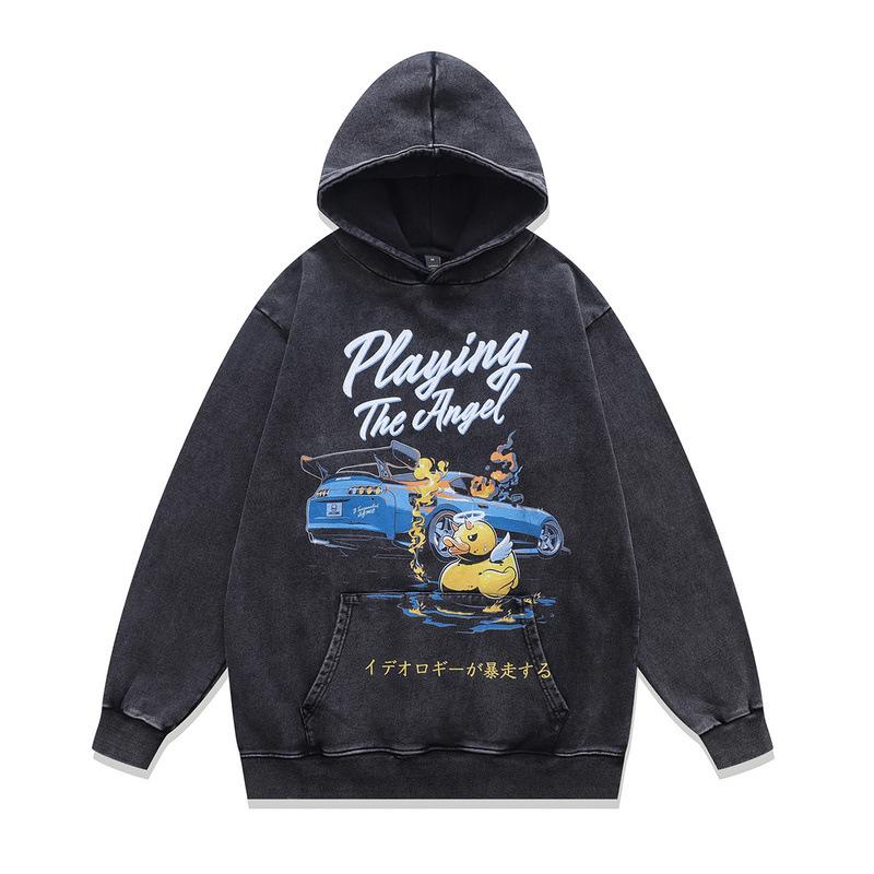 Moletom com Capuz Americano Retrô Estampa Direta em Tinta Branca Oversize Lavado Velho para Homens e Mulheres