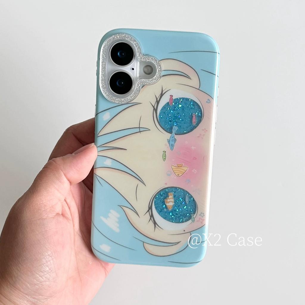 Cute Cartoon Blue Hair Girl Glitter eyes Kawaii Phone Case For iPhone 17 Air 16 15 14 13 12 11 Pro Max 7 8 Plus MINI Y2K Cover