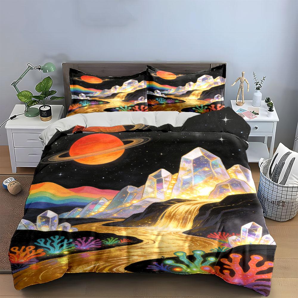 Saturn, crystals, rainbow, corals. Bedding sets Duvet cover sets Duvet covers Pillowcases(1 * Duvet Cover 2 * Pillowcases without duvet insert)