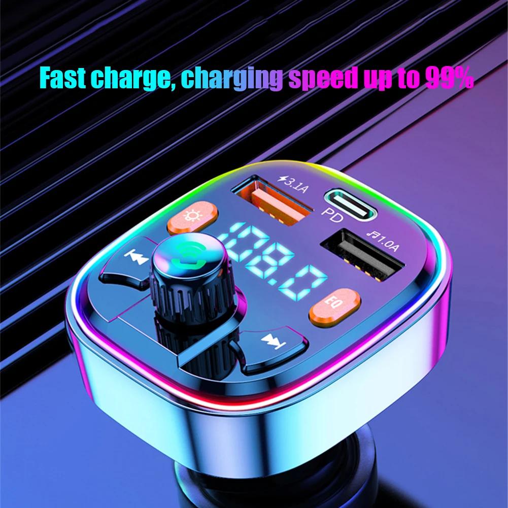 Car Fm Transmitter Wireless Bluetooth-compatible 5.0 Handsfree Car Kit Dual Usb PD 18W Type C Fast Charger External Microphone