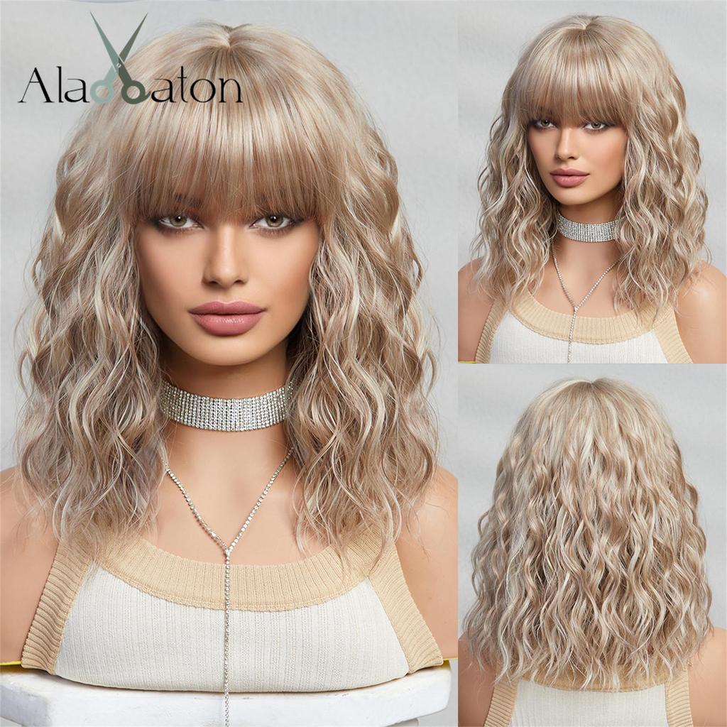 ALAN EATON Short BOB Synthetic WIGS Orange Brown Curly Wig with Bangs for Women Cosplay Daily Party Heat Resistant Fiber Wig