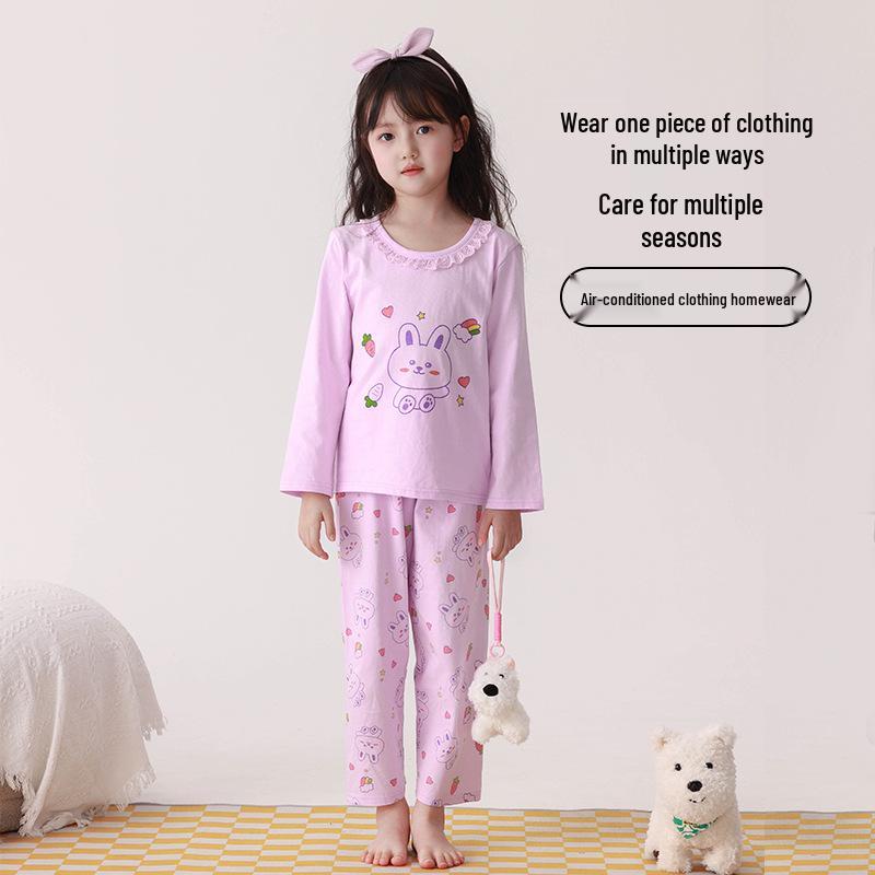 Girls' Summer Cotton Pajama Set - Long Sleeve & Pants, Antibacterial Homewear for Big Kids and Little Girls, Air Conditioning Suit.