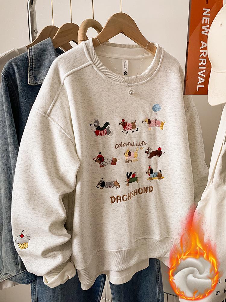 Damen Besticktes Graues Sweatshirt, Herbst/Winter 2025, Locker Geschnitten Übergröße, Petite Oberbekleidung Top