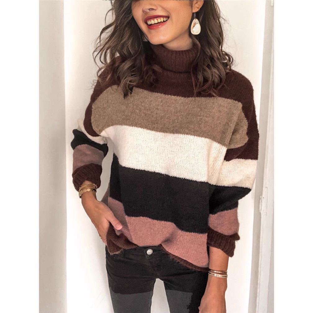2025 Autumn/Winter High Neck Patchwork Knit Plus Size Women's Striped Sweater