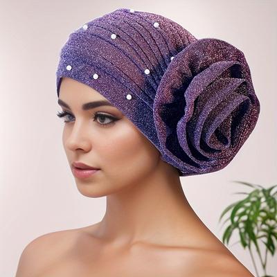 Elastic Beading Women Big Flower Turban Cap