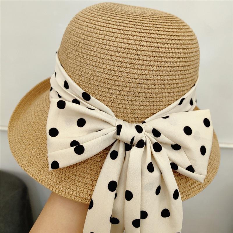 French Retro Style, Elegant Polka Dots, Bow Tie, Sun Hat, Straw Hat, Women's, Summer Seaside Vacation, Beach Sun Hat