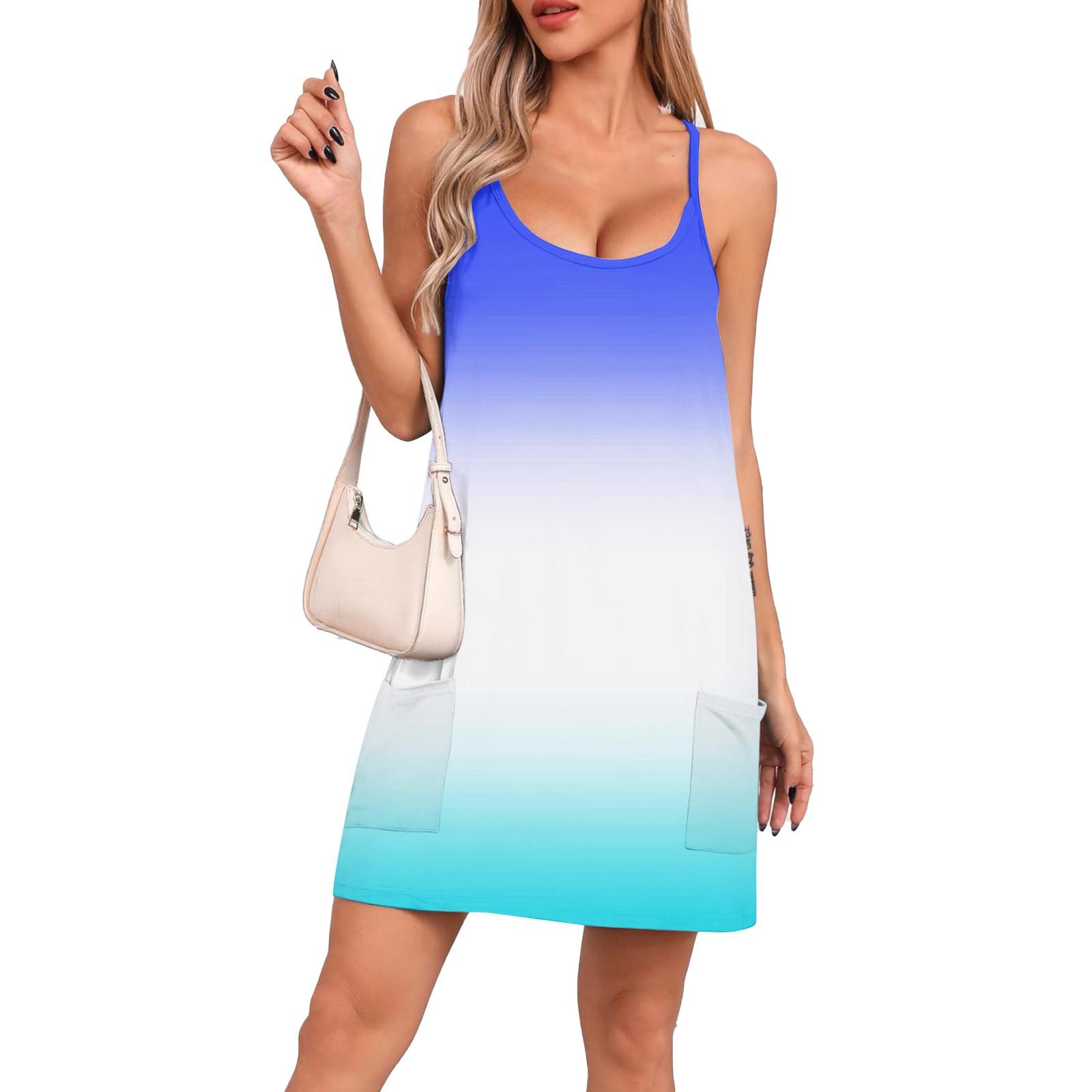 

Женское летнее повседневное платье с квадратным вырезом и подтяжками, с карманами L синий