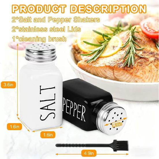 Salt And Pepper Shakers Set, Black White Glass Salt Shaker Sets With Stainless Steel Lids, Farmhouse Salt And Pepper Shakers for Cooking, Picnic,