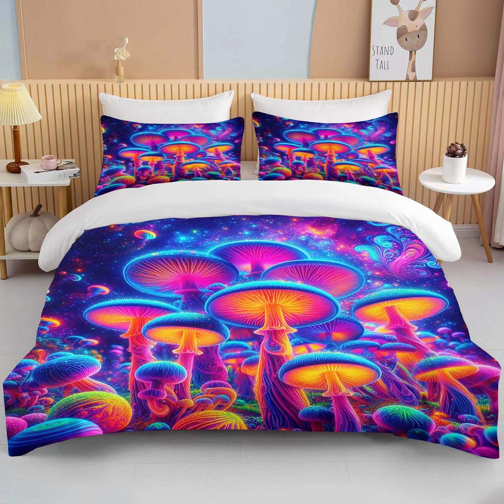 Super Vibrant Neon Psychedelic Mushrooms Print Bedding Set 3PC 1 Duvet Cover 2 Pillowcases Adult and Children Bedding Set Luxury