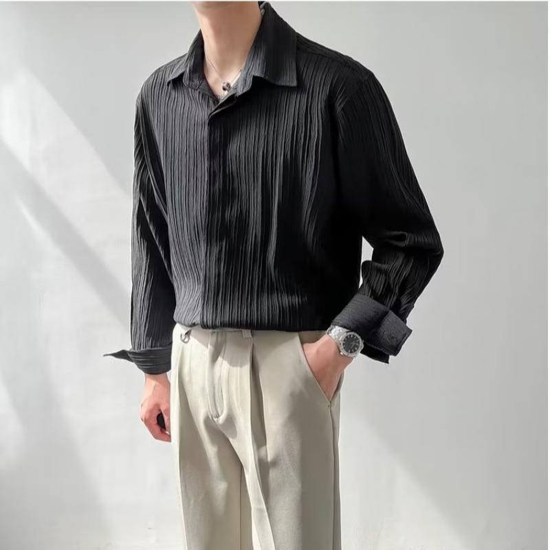 Black Apricot White Long-sleeved Shirt Men Fashion Social Mens Dress Shirt Korean Loose Casual Pleated Shirts Mens Formal Shirt