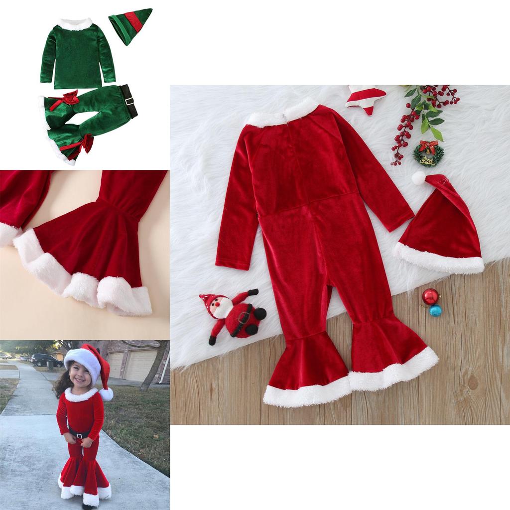 Festive Christmas Kids Girls Plush Flared Pants Suit With Santa Hat Tree Hat