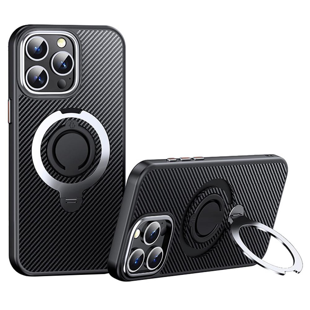 For iPhone 15 Pro Max Case Compatible with MagSafe Kickstand Carbon Fiber Texture PC+TPU Phone Cover with Silicone Ring