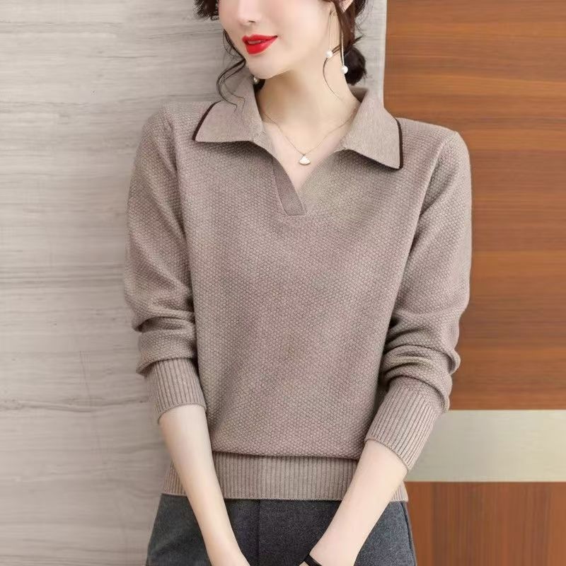 Women's Knitted Sweater Spring/Autumn/Winter Loose Flip Collar Western Style Knitted Sweater Top Mom