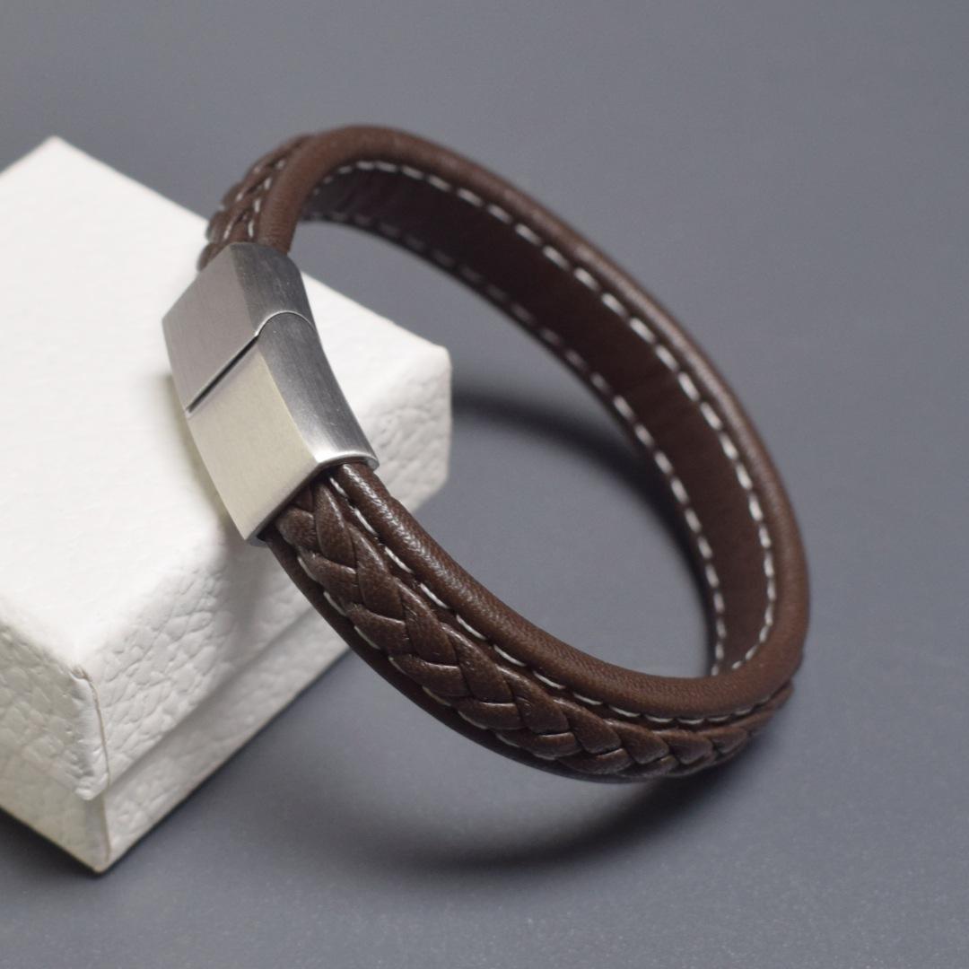 

Korean Style Stainless Steel Magnetic Buckle Bracelets Bangles Hand Woven Leather Roper Bracelet Men Friendship Jewelry Pulseras 19cm