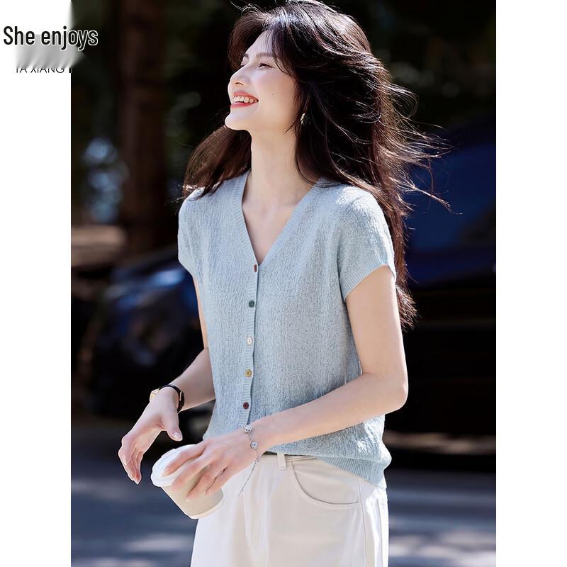 Women's V-Neck Thin Knit Short Sleeve Top