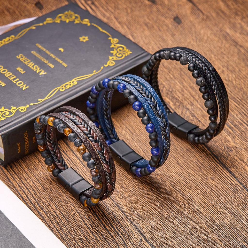 Geometric Style Mens Weaving Leather Wristband With Bead Design For Fashion And Travel
