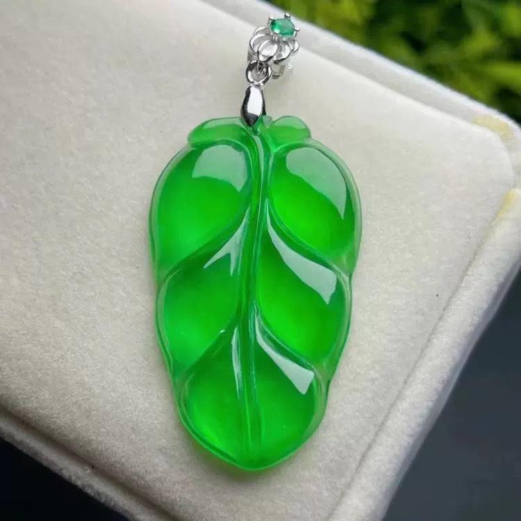 Myanmar Bright Green Jade Leaf Pendant Necklace for Men & Women Gift