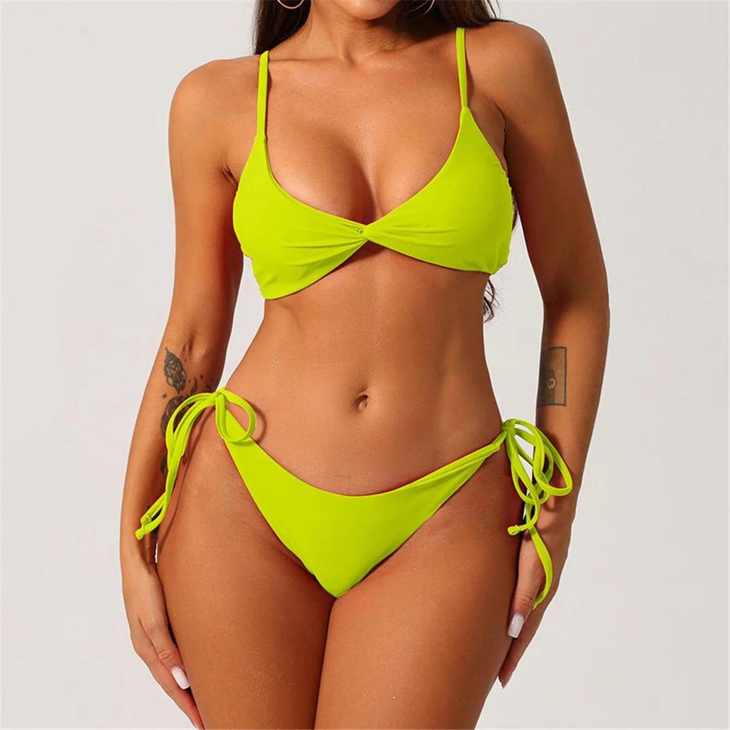 S - XL 19 Colors Pleated High Leg Cut Bikini Female Swimsuit Women Swimwear Two-Pieces Bikini Set Bather Bathing Suit Swim