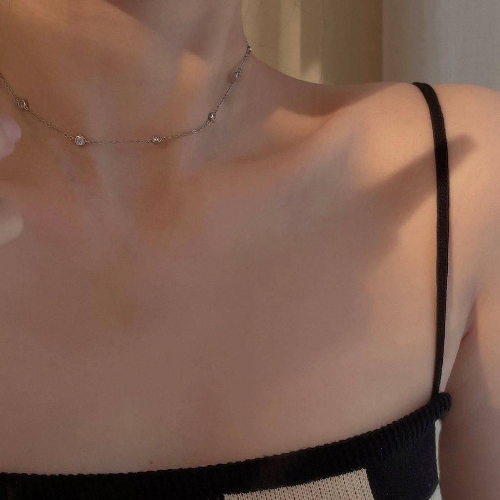 High-End Simple Bead Chain Colored Zircon Necklace Women'S Light Luxury Niche Cold Wind Collarbone Chain Jewelry