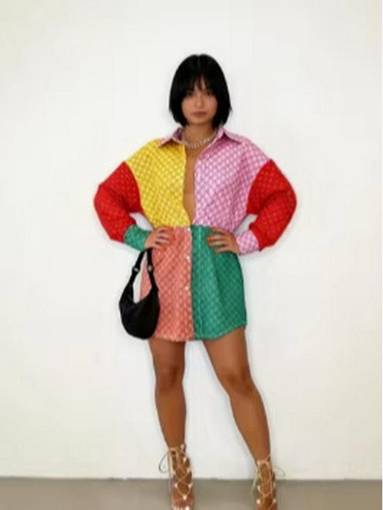 Kleurrijk Patchwork Retro Lange Mouwen Shirt met Kraag - Grote Maat