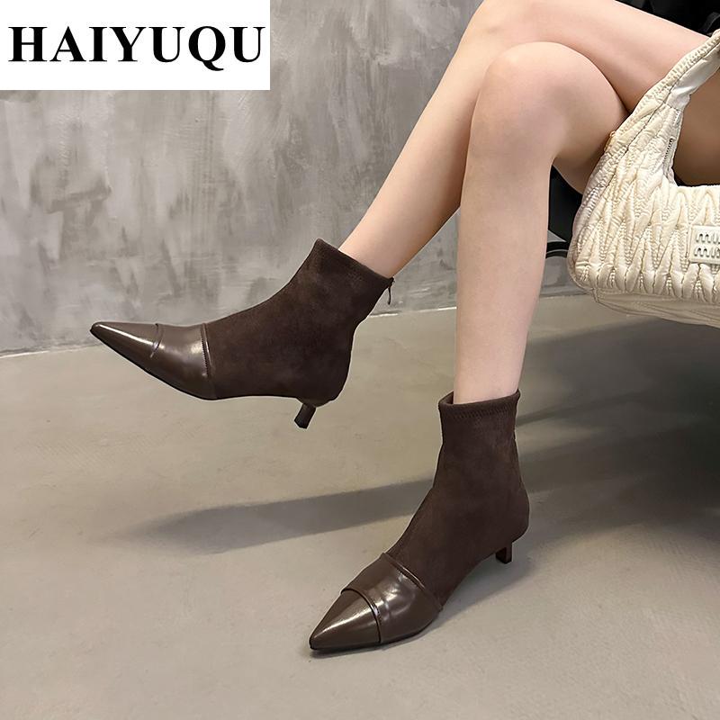 Winter Pointed Toe Women Suede Ankle Boots Stilettos Shoes  Brand New Sexy Fashion Chelsea Boots Dress Pumps Zip Botas Mujer