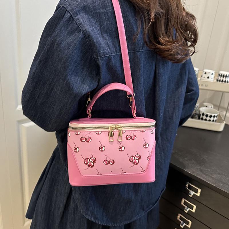 Chic Small Square PU Bag with Cherry Design Women's Trendy Crossbody Bag Sophisticate Commuter Handbag