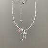 Bow Pink Diamond Heart Necklace For Women Summer Ballet Sexy Delicate Collarbone Chain