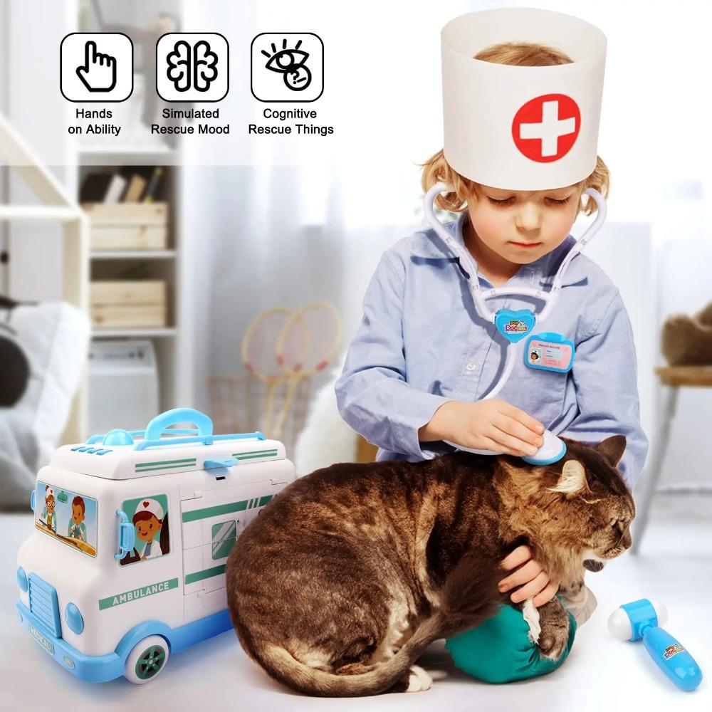 Elektronisches Arzt-Spielset für Kinder, Blau/Rosa Krankenwagen Spielzeugauto, Licht Geräusch, Rollenspiel