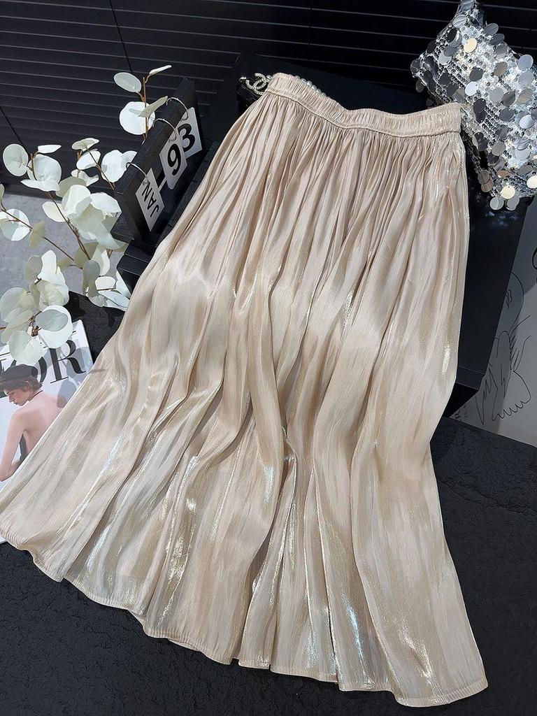 High-Waisted Retro Pleated A-Line Chiffon Skirt with Pearlescent Sheen