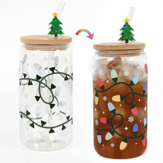 Color Changing Christmas Glass Cup with Lid Straw Brush Reusable Glass Iced Coffee Cup Cute Xmas Party Decorations for Mom Her