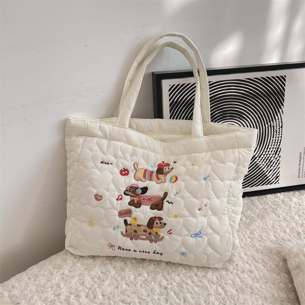 Adorable Quilted Cotton Dog Embroidery Handheld Tote Bag For Shopping And Lunch