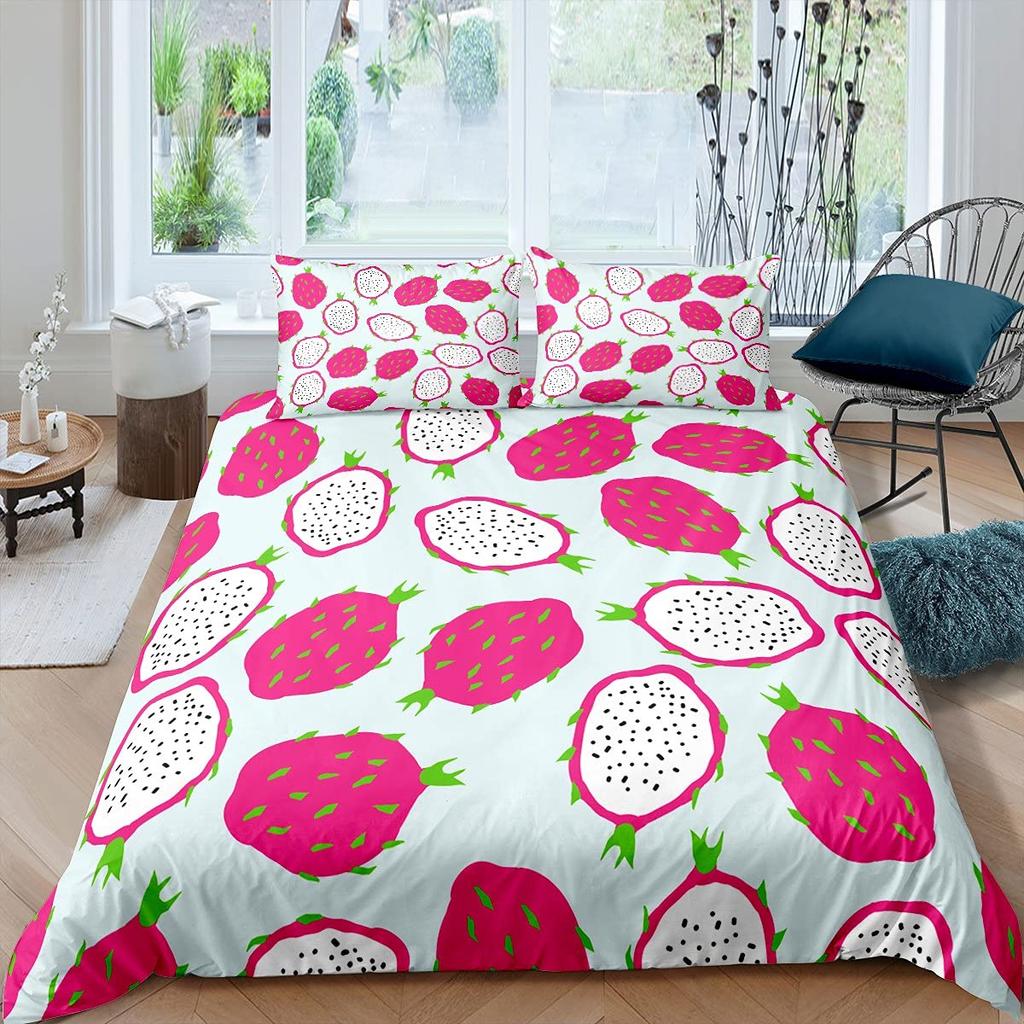Pitaya Comforter Cover Set Tropical Fruit Theme Duvet Cover Modern Fashion Pink Bedding Set 3pcs for Boys Girls Microfiber Cover