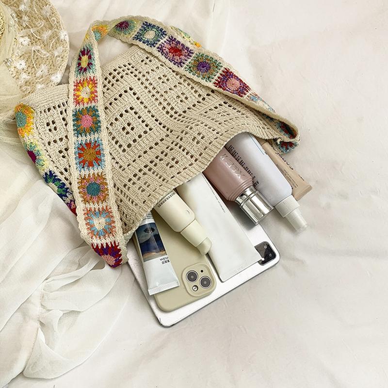 Large Capacity Fashion Cut-out Boho Tote Bag Trendy Floral Crochet Handmade Knitted Bag Vintage Multicolor Hollow Out Handbag