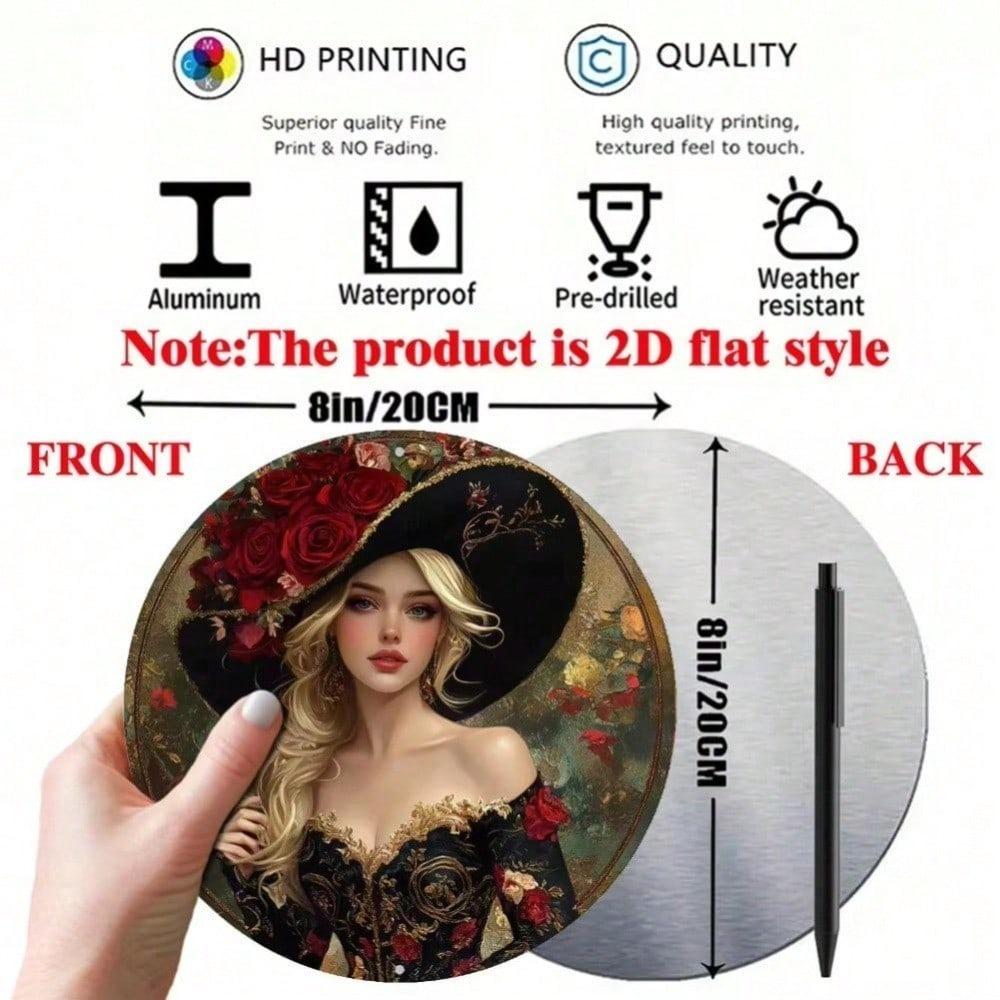 Vintage Aluminum Wall Art Decor 8x8 Inch Round Rose Lady Design Elegant Home For Living Room Bedroom