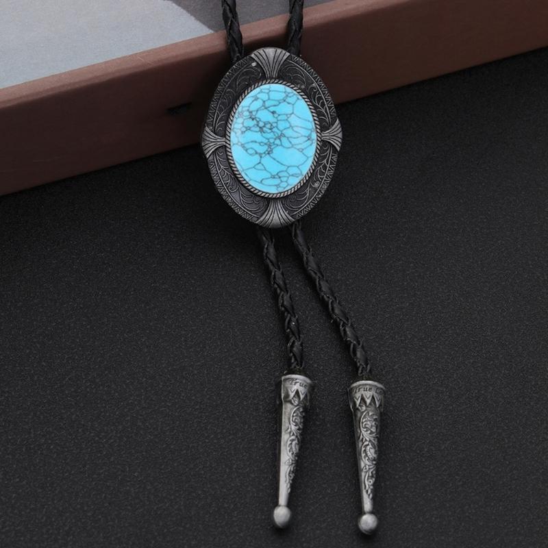 Turquoise Bolo Tie for Adult Unisex Vintage PU Leather Necktie Rope Necklace Jewelry Rodeos Tie Formal Event Shirt Tie