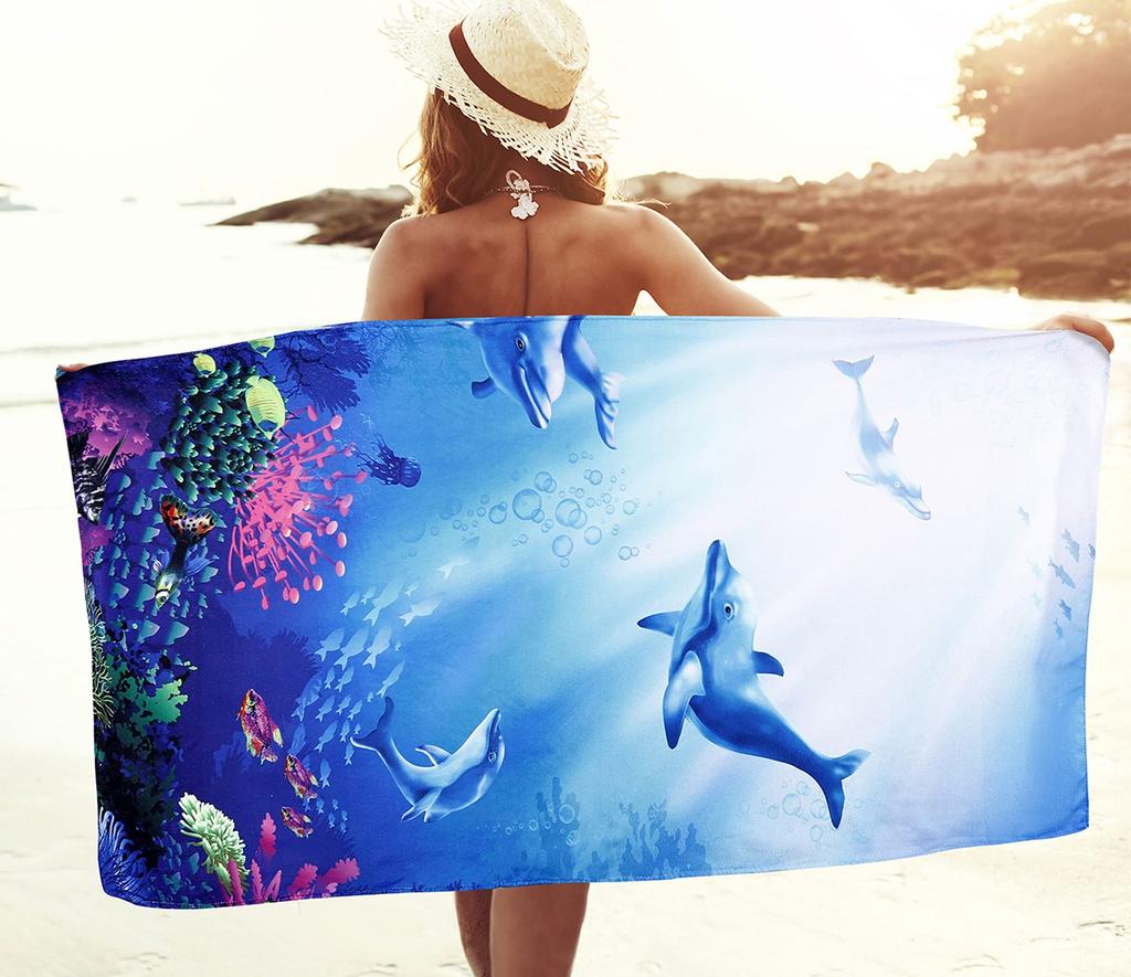 Blue Dolphin Beach Towel Ocean Fish Quick Dry Moon Star Sand Free Microfiber Bath Towel Travel Camping Bathroom for Girls Adults