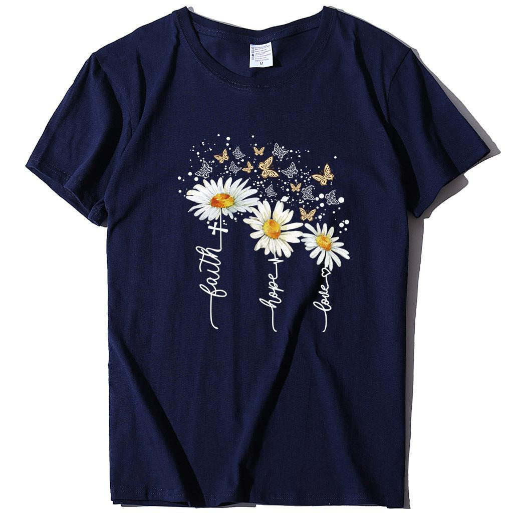 Ležérní tričko s potiskem chryzantémy a motýlů, letní top s krátkým rukávem z čisté bavlny s kulatým výstřihem, dámské